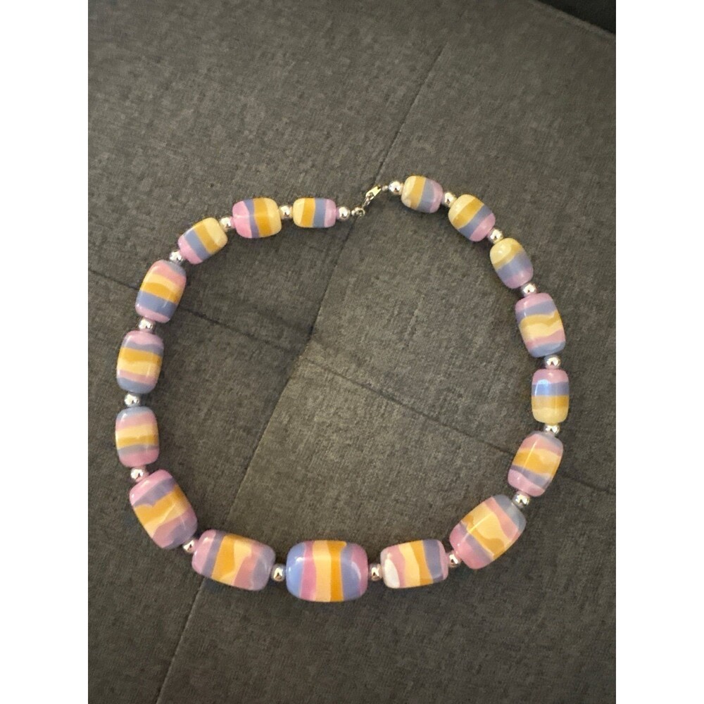 Vintage Chunky Pastel Resin Stripe Bead Necklace